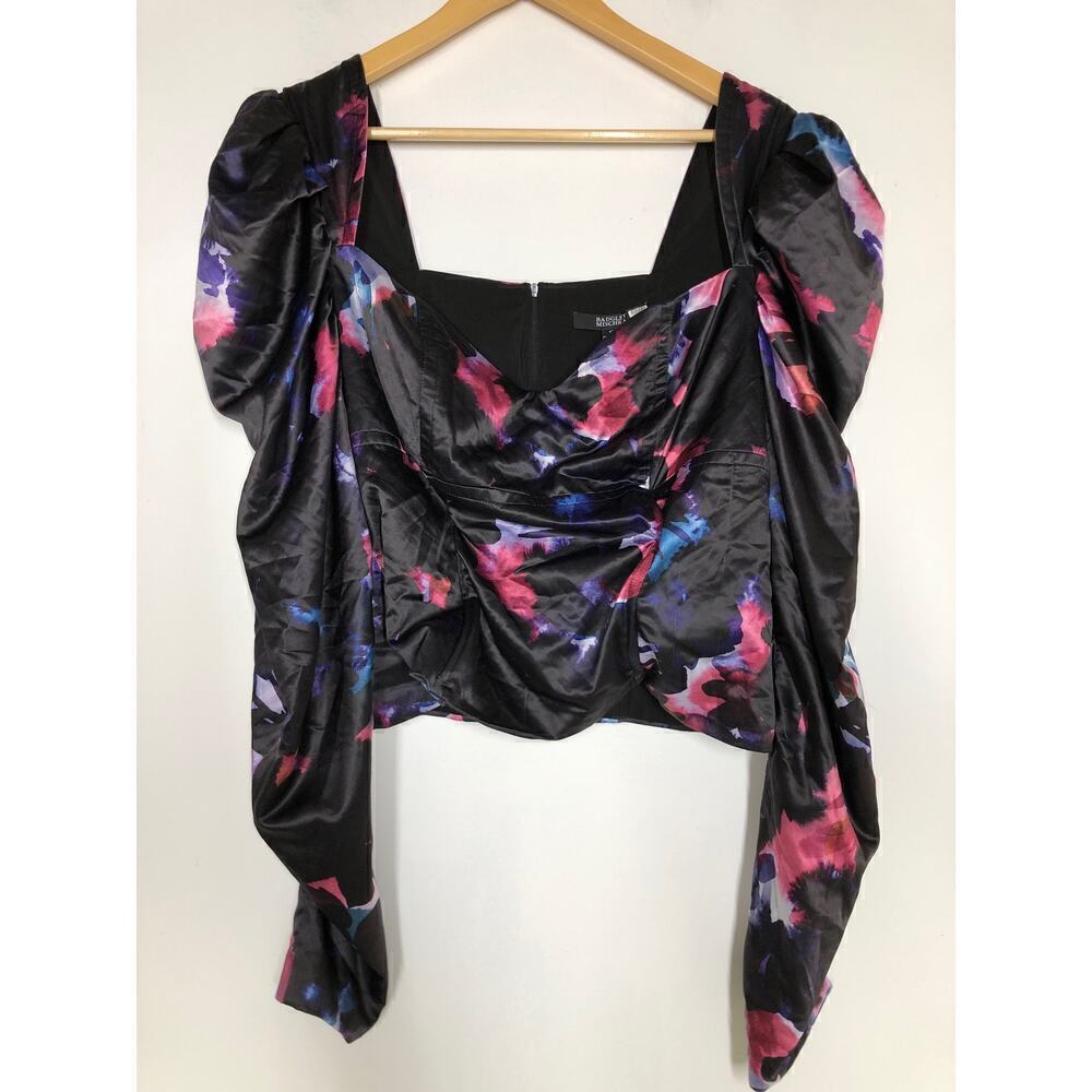 Badgley Mischka Bustier Top Printed Satin Sweetheart Neck Puff Sleeve Black 12 - Picture 4 of 10
